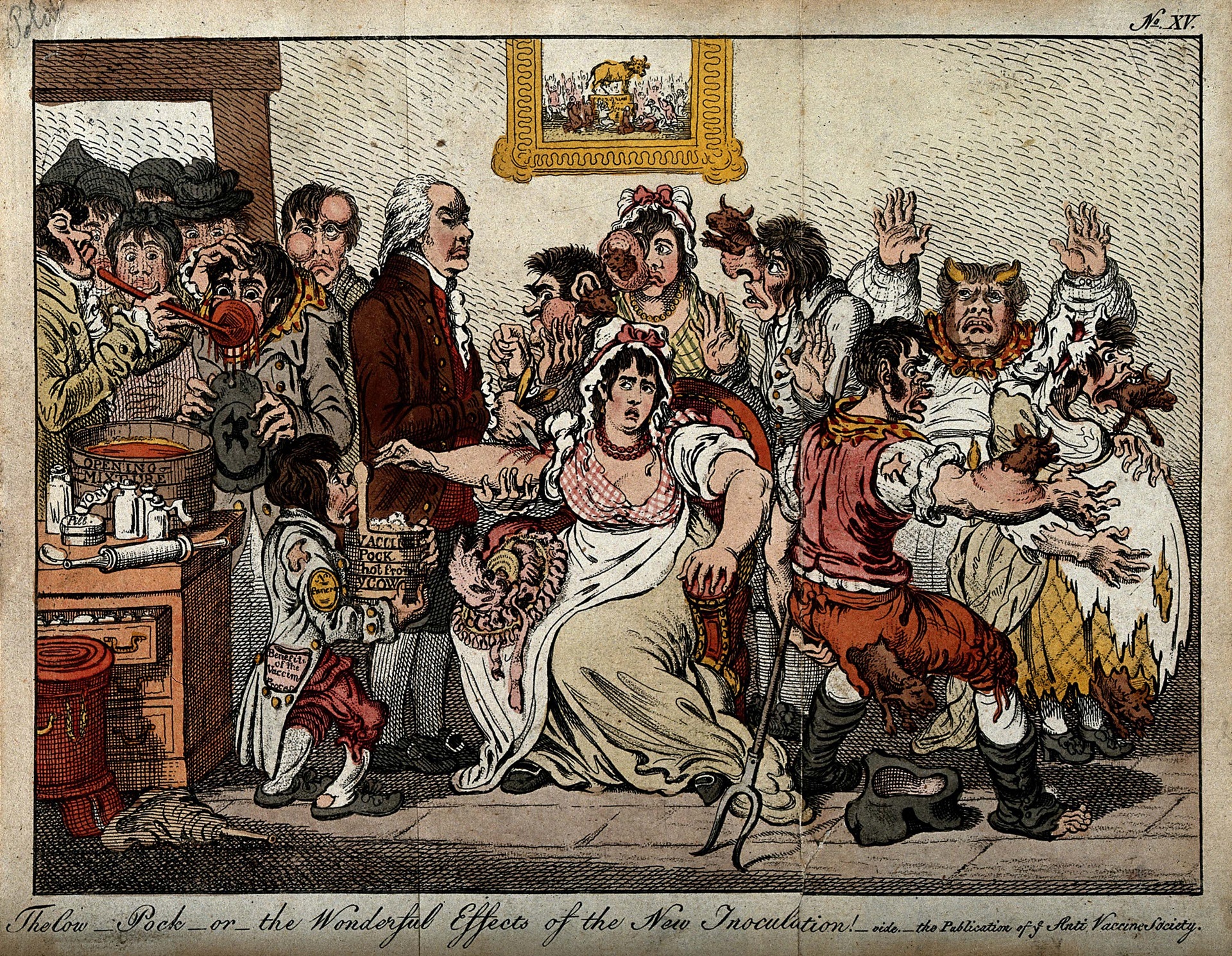 Smallpox-1802-England-Poster Illustration of Edward Jenner inoculating patients