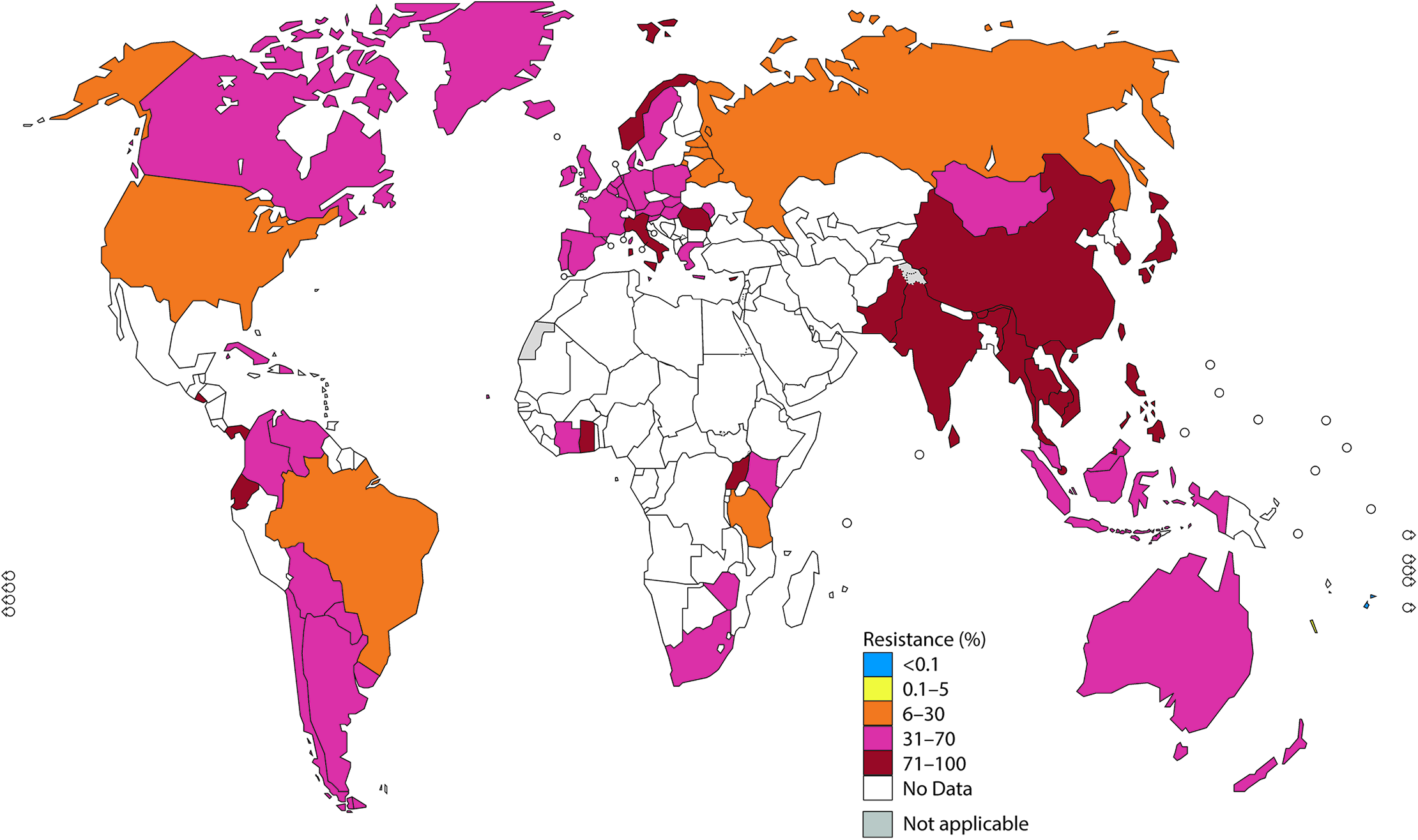 fig3 The percentage (%) of isolates with resistance to ciprofloxacin according to the most recent WHO GASP data (2014 for most countries, but for a few countries, only 2011–2013 data were available).