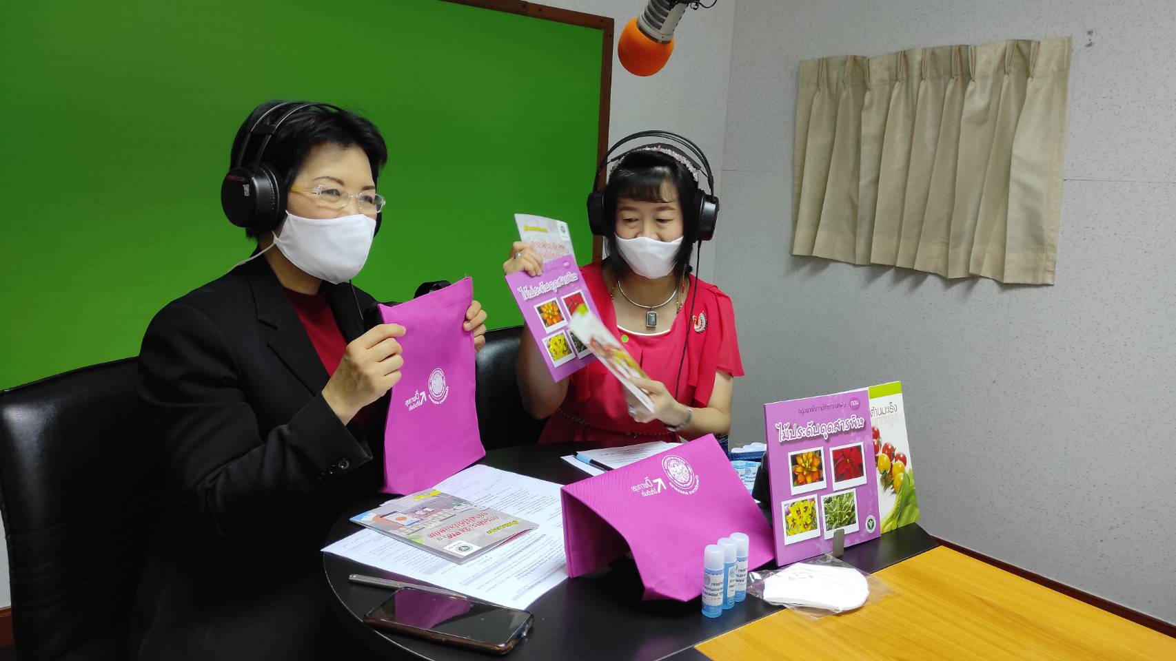 Napapan-radio Ms Napapan Nantapong (left), Director of the Bureau of Environmental Health, Department of Health, Ministry of Public health, speaks on a national radio program about various kinds of pollution.