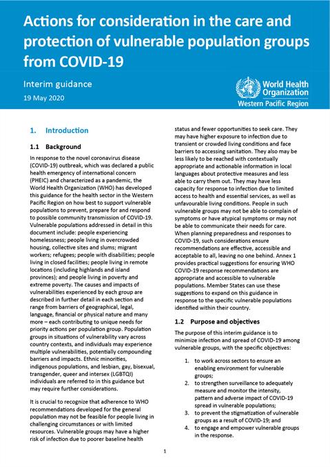Actions for consideration in the care and protection of vulnerable population groups for COVID-19