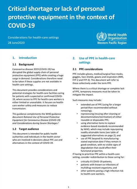 Critical shortage or lack of personal protective equipment in the context of COVID-19